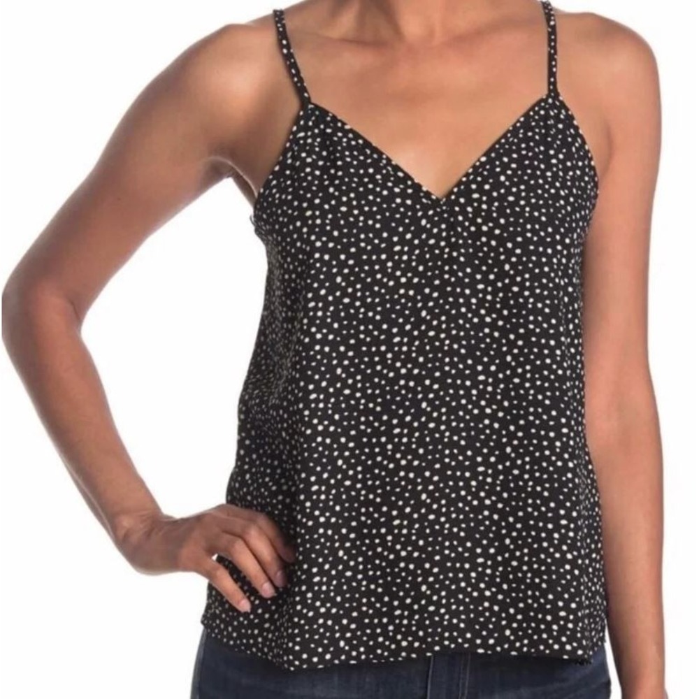 Abound Women's V-Neck Sleeveless Chiffon Camisole Tank Top Black White Dots  SM